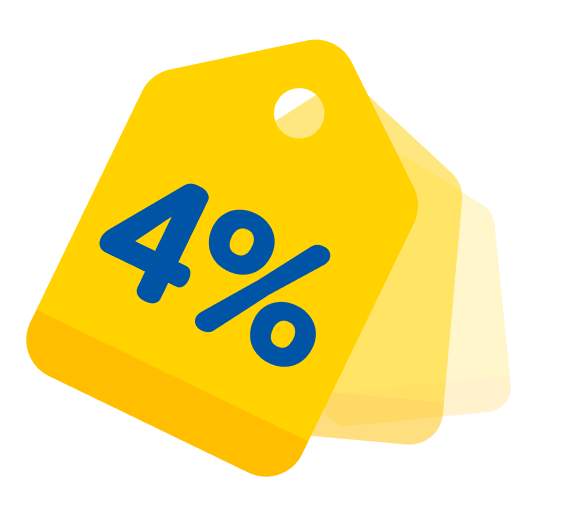 Żółta zawieszka z napisem 4% oznaczająca zwrot za wakacje w postaci bonu