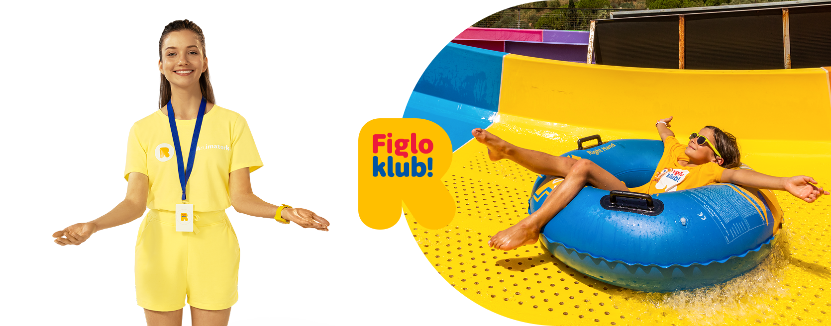 Animatorka Figloklubu oraz dziecko zjeżdżające na pontonie ze zjeżdżalni wodnej w aquaparku